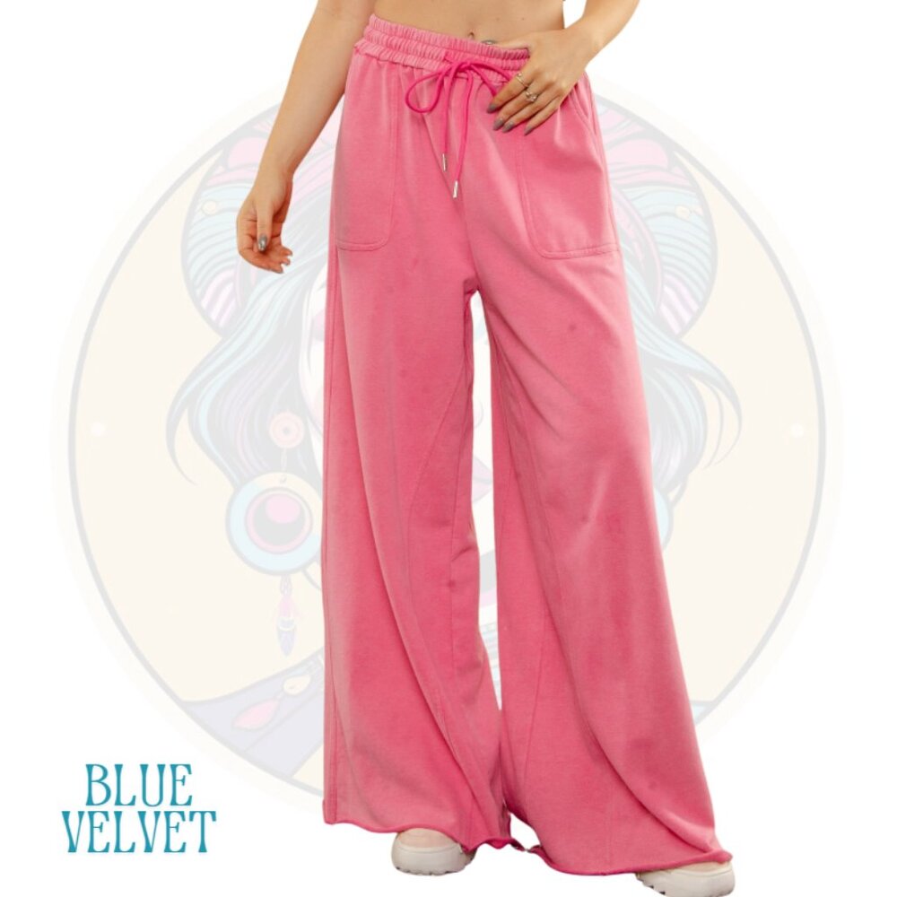 6V BLUE VELVET Wide Leg Drawstring Waist Pants in Pink